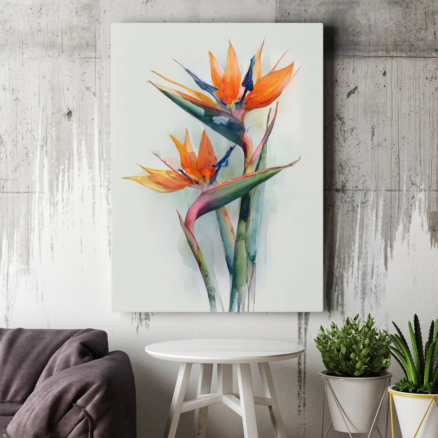 Bird of Paradise Vertical Canvas | Watercolor Tropical Flower Art | Premium Gallery Wrapped Print | Modern Botanical Home Decor Gift