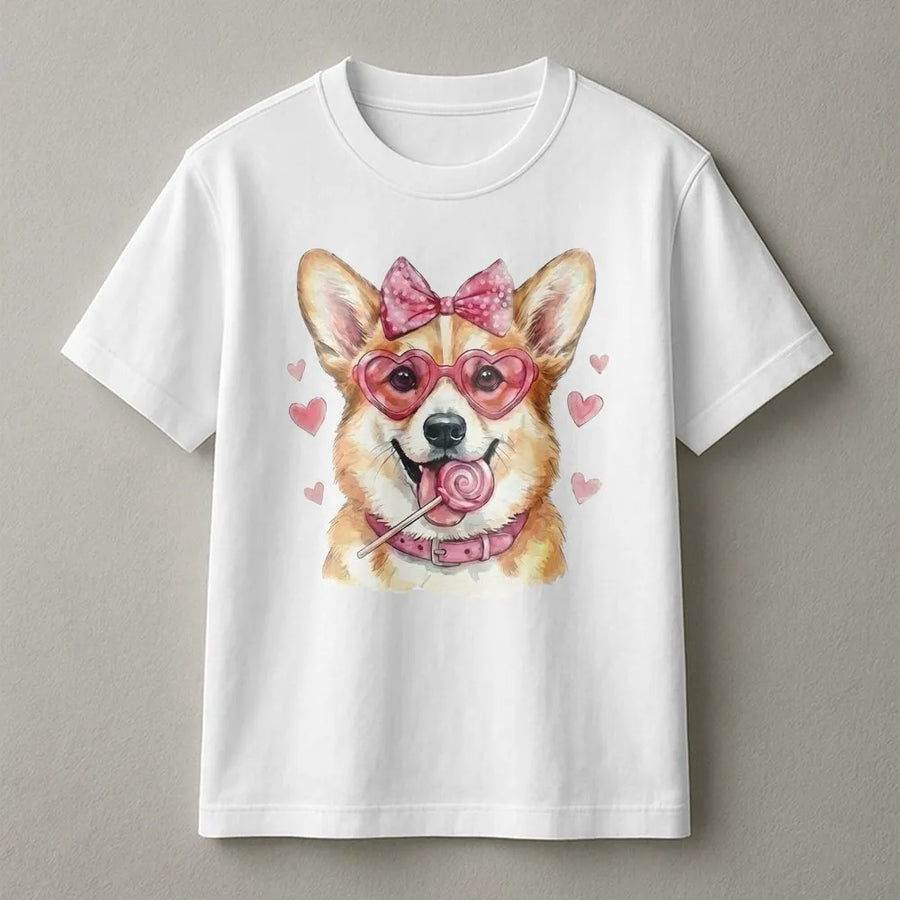 Corgi Valentine T-Shirt | Cute Puppy with Heart Glasses & Lollipop Design | Premium Cotton Graphic Tee | Gift for Dog Moms & Pet Lovers