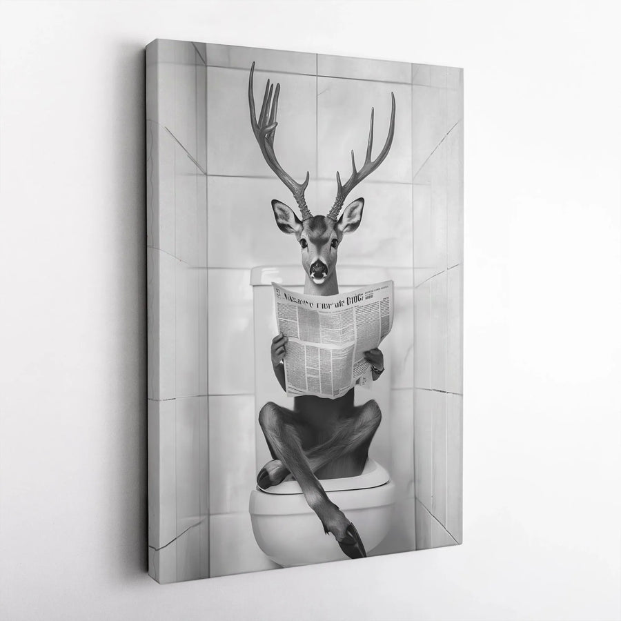 Deer On Toilet Reading Newspaper | Funny Bathroom Wall Art | Premium Gallery Canvas | Humorous Home Decor Gift