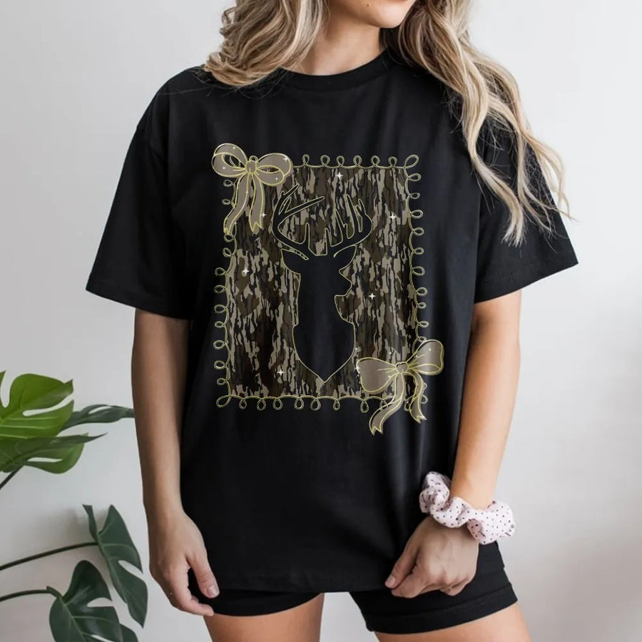 Deer Head Camo T-Shirt | Rustic Bow Graphic Design | 100% Cotton Premium Tee | Country Girl Hunting Gift for Outdoorswomen