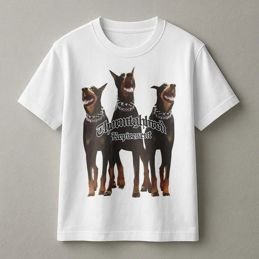 Doberman Graphic T-Shirt | Thoroughbred Represent Urban Dog Design | Premium Cotton Heavyweight Tee | Gift for Dog Lovers & Doberman Owners