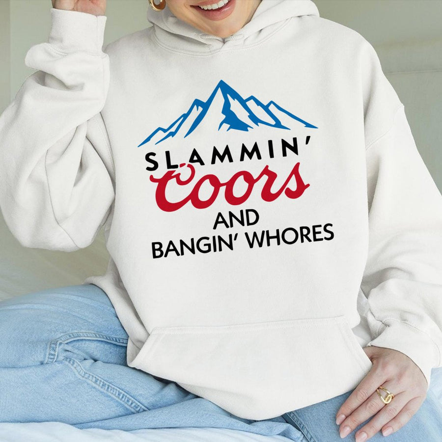 Coors Hoodie Slammin' Coors & Bangin' Whores Bold Graphic Heavyweight Black Lori Hynes Design Us Made Menswear