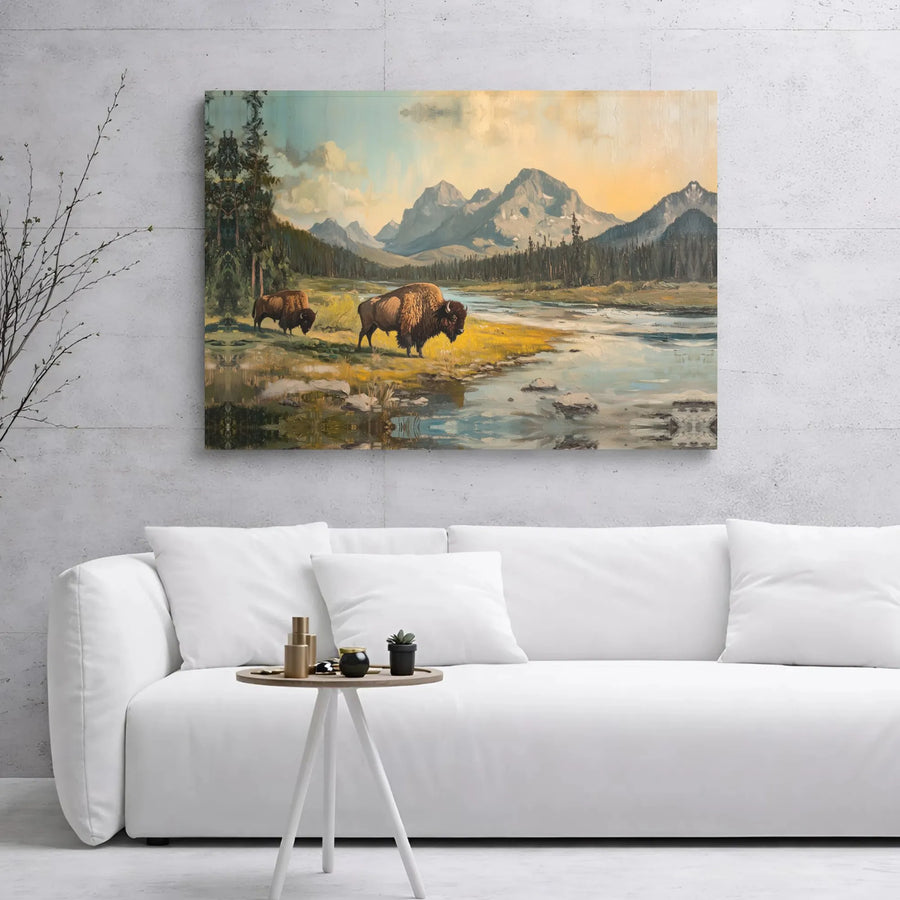 American Bison Canvas Art | Mountain River Landscape Wall Decor | Premium Gallery Wrapped Print | Wildlife Nature Gift for Office or Home