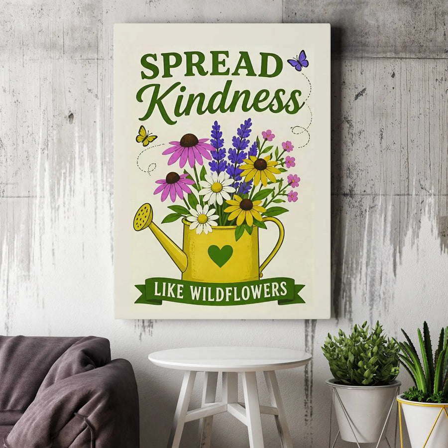 Spread Kindness Like Wildflowers Vertical Canvas | Cute Garden Watering Can Floral Illustration | Premium 1.25" Gallery Wrapped Wall Art | Inspirational Gift for Flower and Nature Lovers