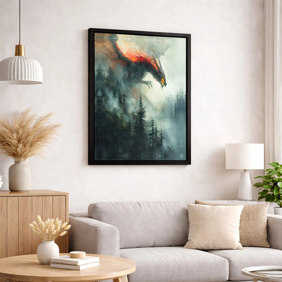 Fiery Dragon Wall Art | Misty Forest Fantasy Landscape | Premium 1.25-Inch Gallery Canvas | Epic Mythical Creature Decor for Home or Office