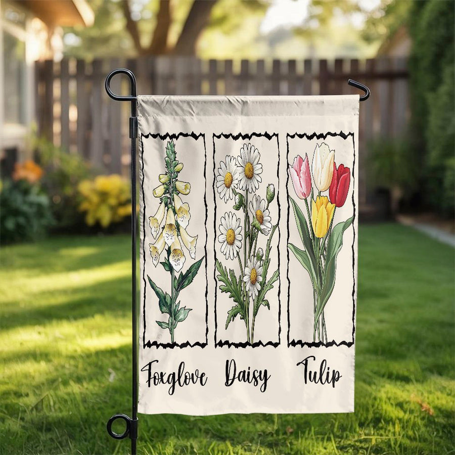 Floral Garden Flag | Botanical Foxglove Daisy Tulip Illustration | Premium Weather-Resistant Polyester | Cottagecore Outdoor Home Decor Gift