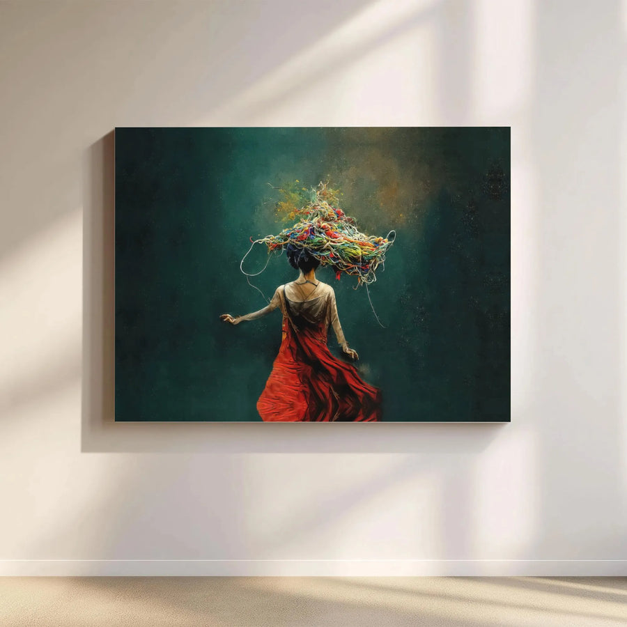 Abstract Woman in Red Dress Canvas Art | Surreal Tangled Thoughts Portrait | Gallery Quality 1.25-inch Profile | Modern Home Decor Wall Print