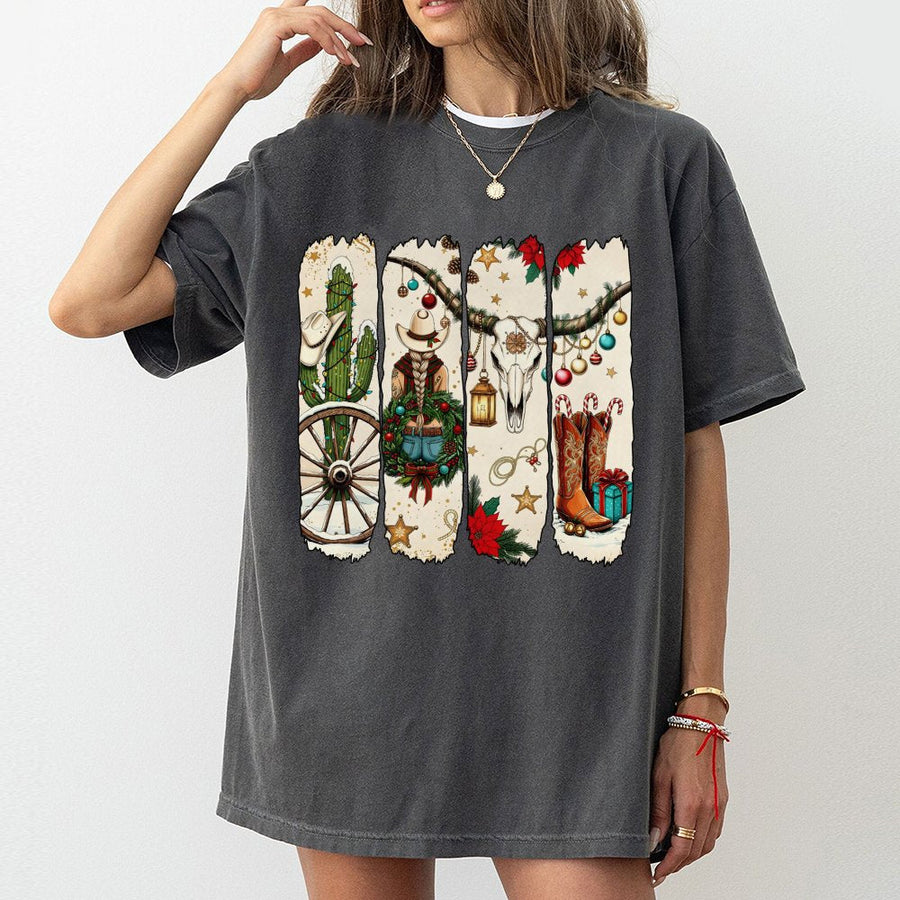 Cowgirl Christmas T-Shirt | Western Holiday Graphic Tee | 100% Cotton Premium Quality | Festive Cowboy Boots Aesthetic Gift for Women