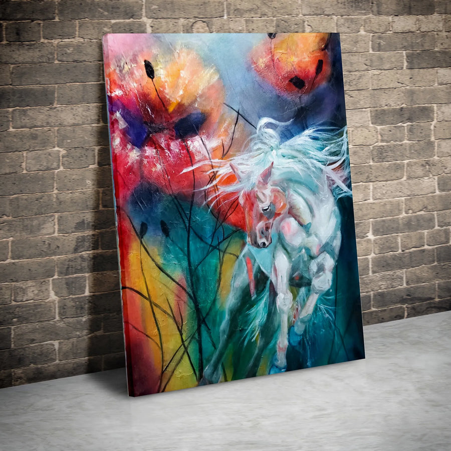 Running White Horse Canvas Print | Abstract Floral Wall Art | 1.25 Inch Gallery Wrap | Modern Home Decor Gift