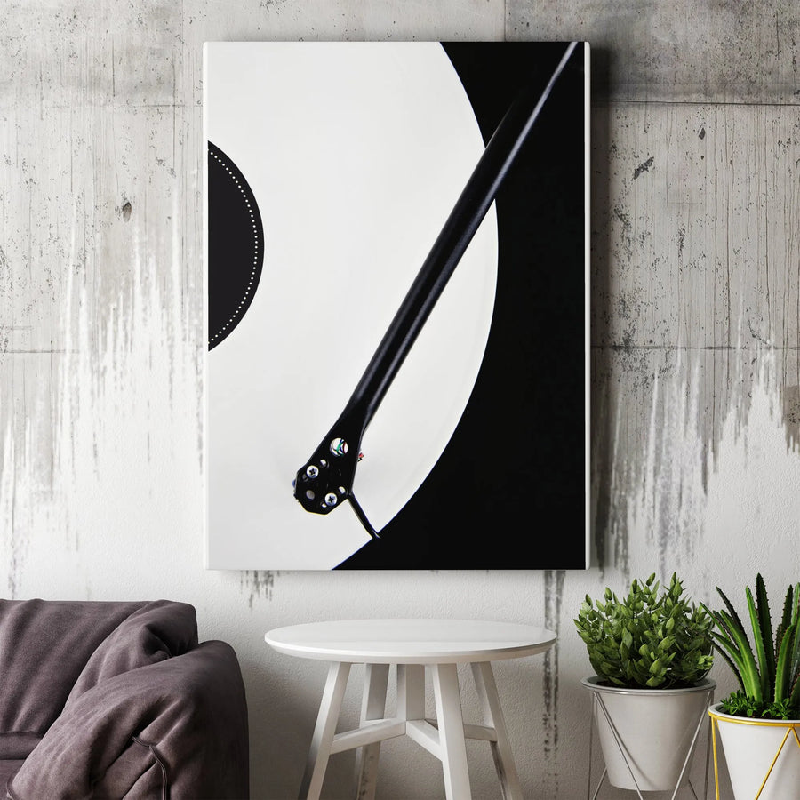 Vinyl Record Vertical Canvas | Minimalist Black and White Photography | Premium Gallery Wrapped Canvas | Collector's Gift for Music Lover