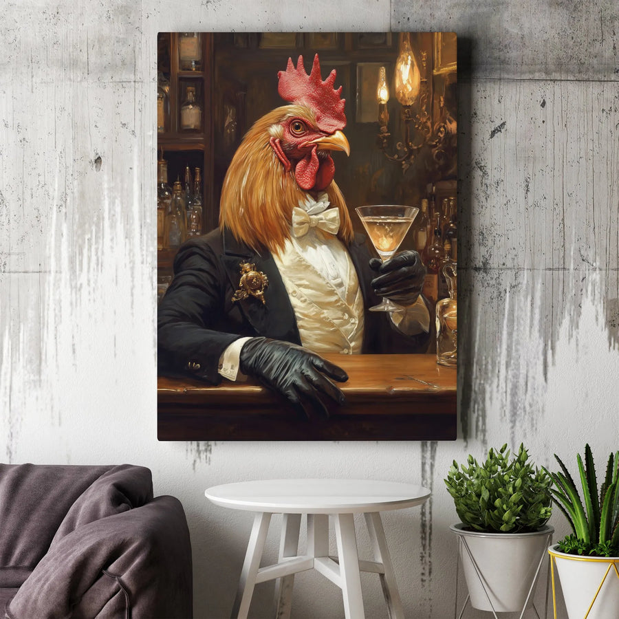 Rooster Wall Art | Sophisticated Tuxedo Chicken Drinking Martini | Premium Gallery Canvas | Quirky Bar Decor Gift for Him