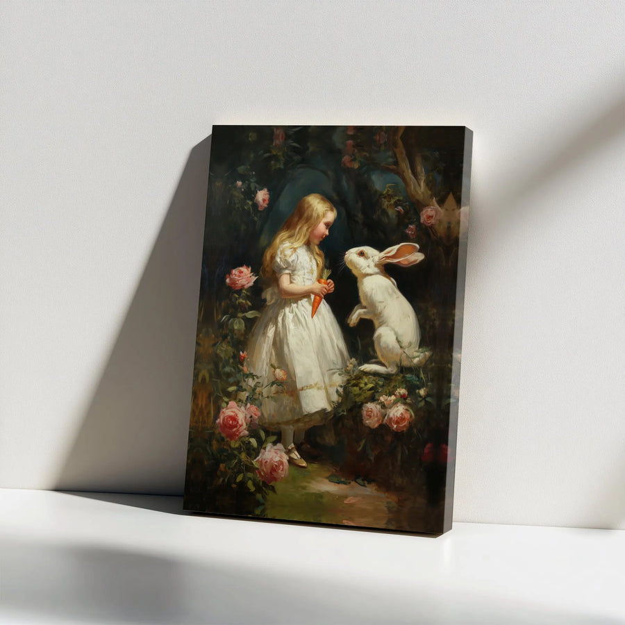 Vintage Girl and Rabbit Canvas Print | Victorian Style Botanical Illustration | Premium Gallery Wrap Wall Art | Whimsical Nursery Decor Gift