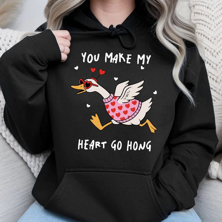 Goose Valentine Hoodie | You Make My Heart Honk Graphic Design | Premium Cotton-Blend Pullover | Funny Animal Lover Gift for Her & Him