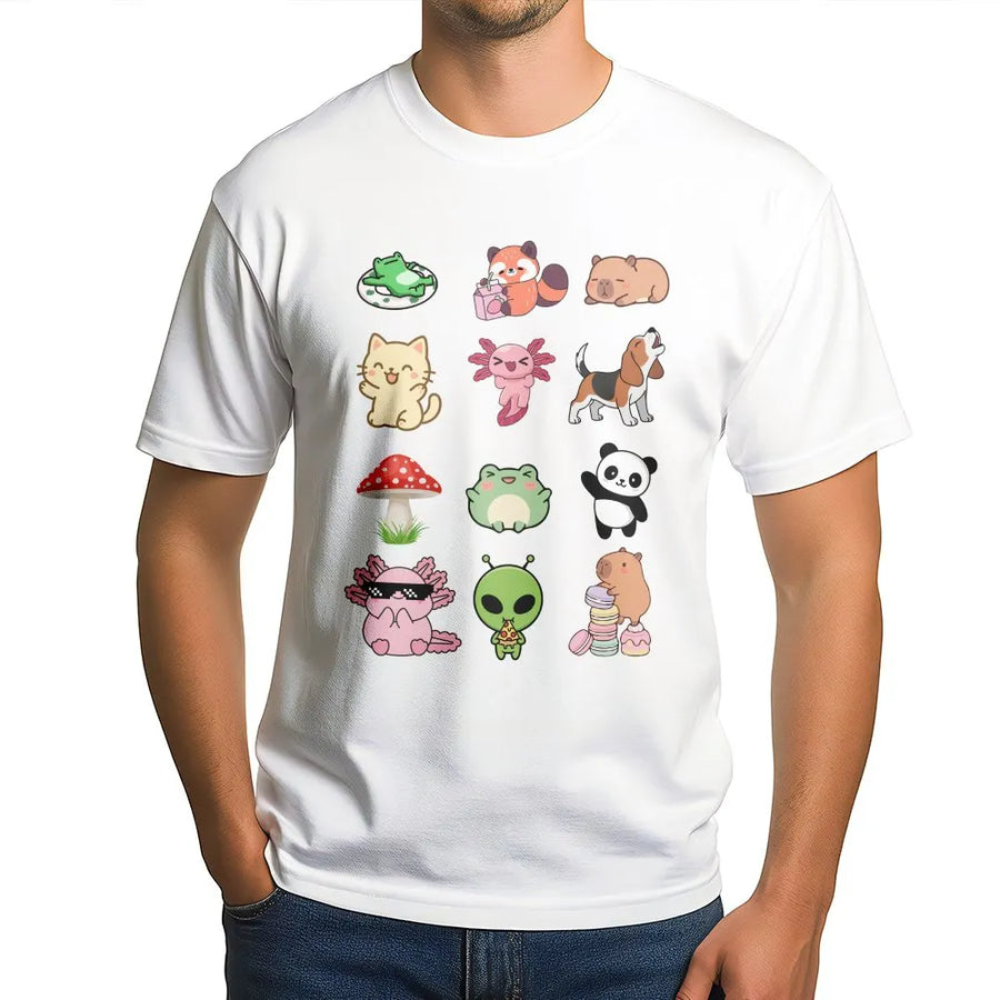 Kawaii Animal Collage T-Shirt | Cute Doodle Characters ft. Axolotl & Frog | Soft Cotton-Poly Blend | Gift for Teen Girls & Animal Lovers