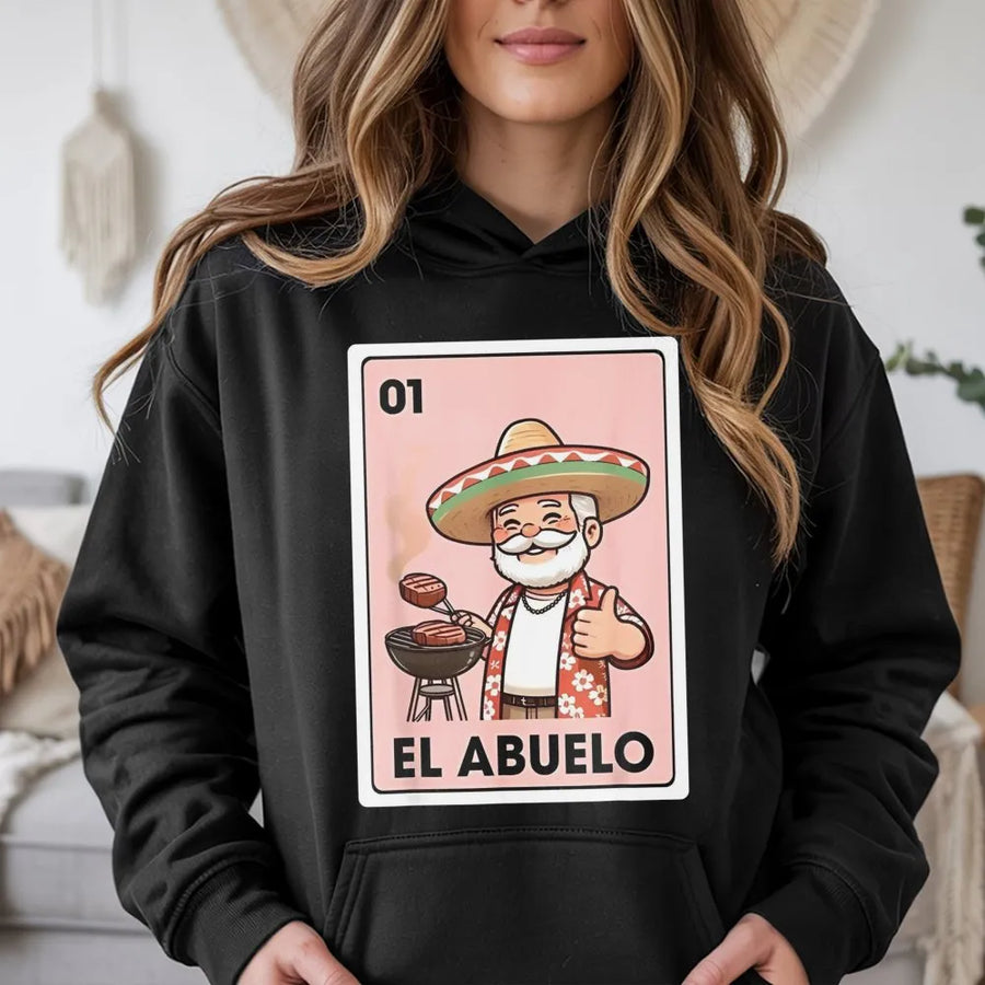 El Abuelo Hoodie | Mexican Bingo Card Grilling Grandpa Design | Soft Cotton Blend Unisex Pullover | Funny Dad Or Grandpa Gift For BBQ Lovers