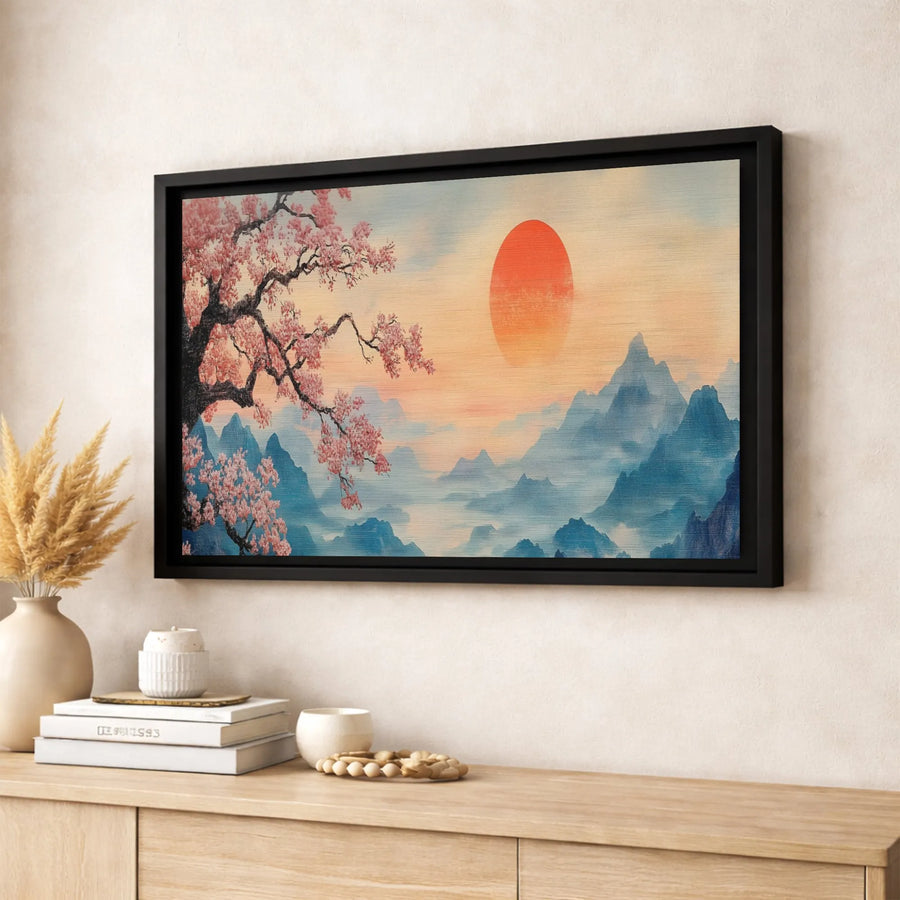 Japanese Cherry Blossom Canvas Art | Pink Sakura Mountain Landscape | Gallery Quality Fade-Resistant Print | Zen Home Decor Wall Hanging