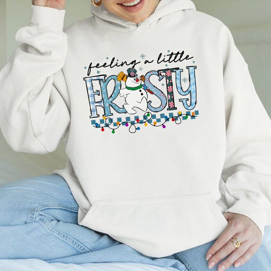 Feeling A Little Frosty Hoodie | Cute Snowman Christmas Graphic | Soft Cotton-Polyester Blend | Festive Winter Holiday Gift for Women and Men