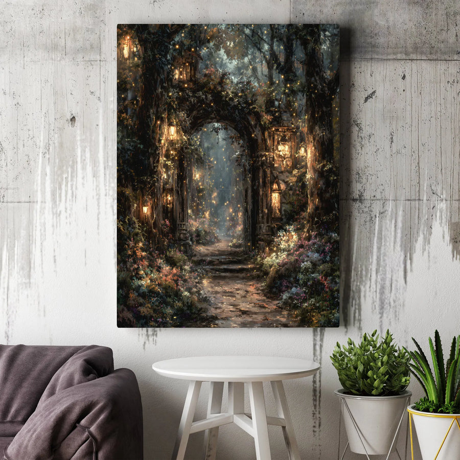 Enchanted Forest Canvas Wall Art | Magical Gateway with Glowing Lanterns | Premium Frameless Gallery Wrap | Fantasy Home Decor Gift