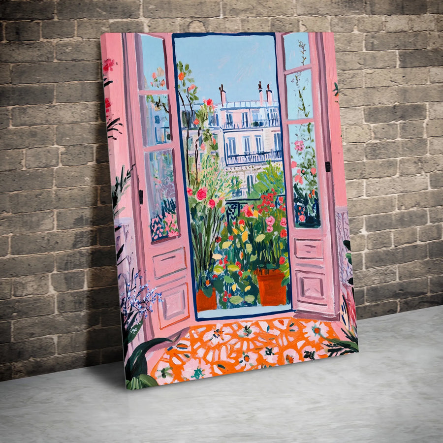 Parisian Balcony Canvas Wall Art | Pink French Doors Garden View Painting | Premium Gallery Wrap Decor | Aesthetic Gift for Travel Lovers
