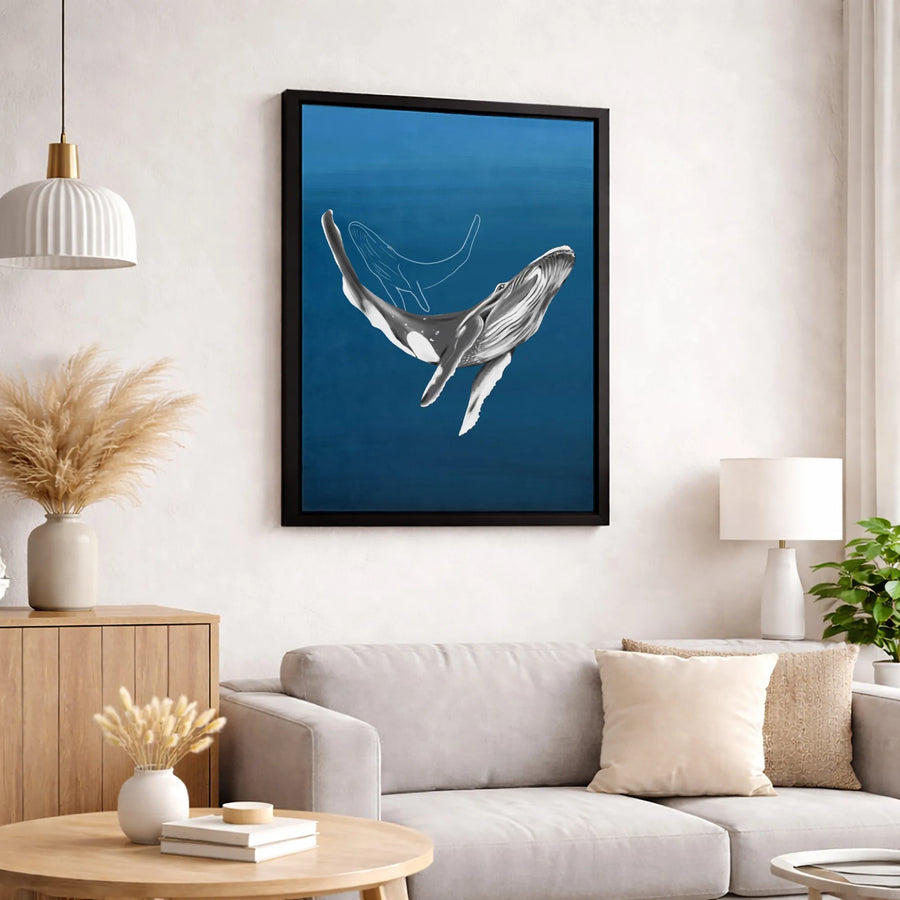 Humpback Whale Canvas Wall Art | Deep Blue Ocean Spirit Outline Print | Premium Gallery Wrapped Decor | Ocean Life Home & Office Gift