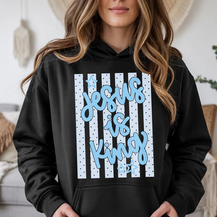 Jesus Is King Hoodie | Trendy Striped Polka Dot Graphic | Premium Cotton-Poly Blend | Inspirational Gift for Christian Women
