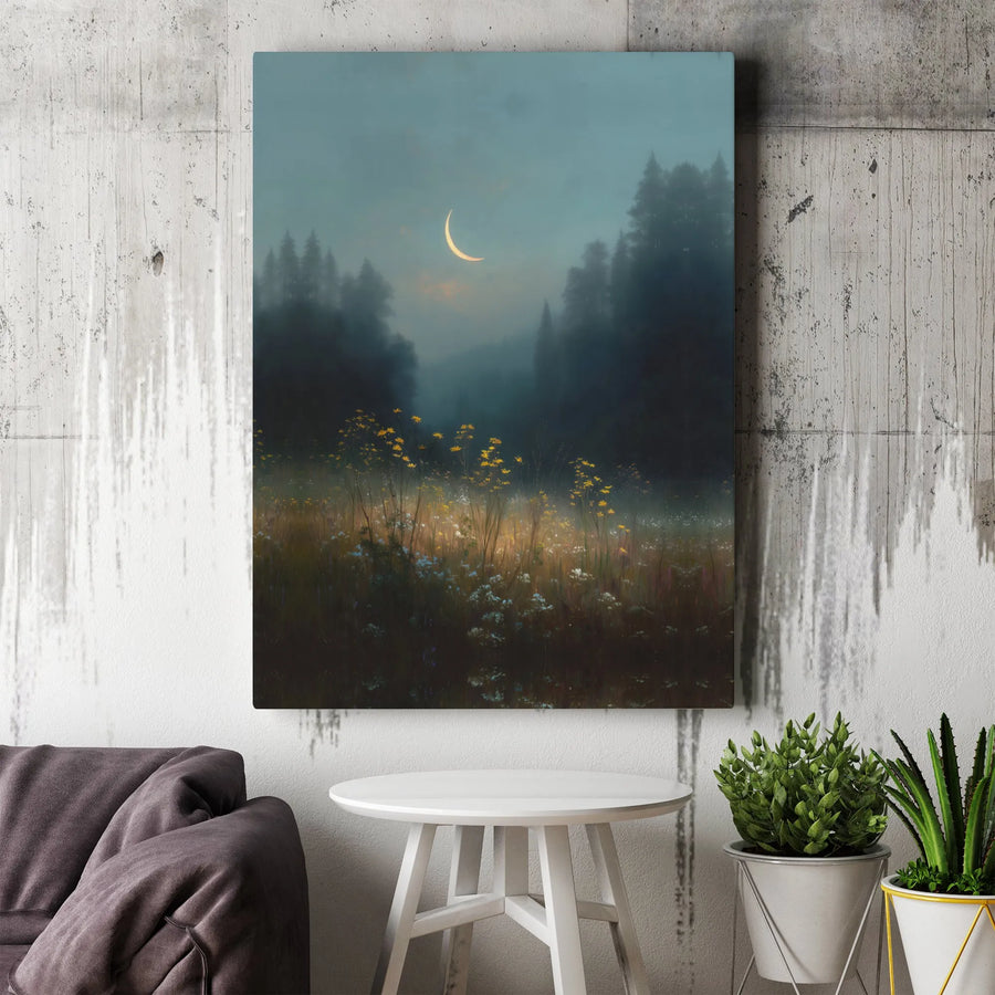 Misty Forest Landscape Canvas | Crescent Moon Wildflower Meadow Wall Art | Premium Gallery Wrap Decor | Nature Lover Gift