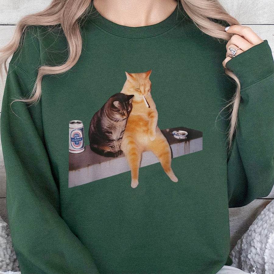 Smoking Cat Meme Sweatshirt | Funny Drinking Cats Graphic | Premium Cotton Blend Crewneck | Unisex Gift For Cat Lovers