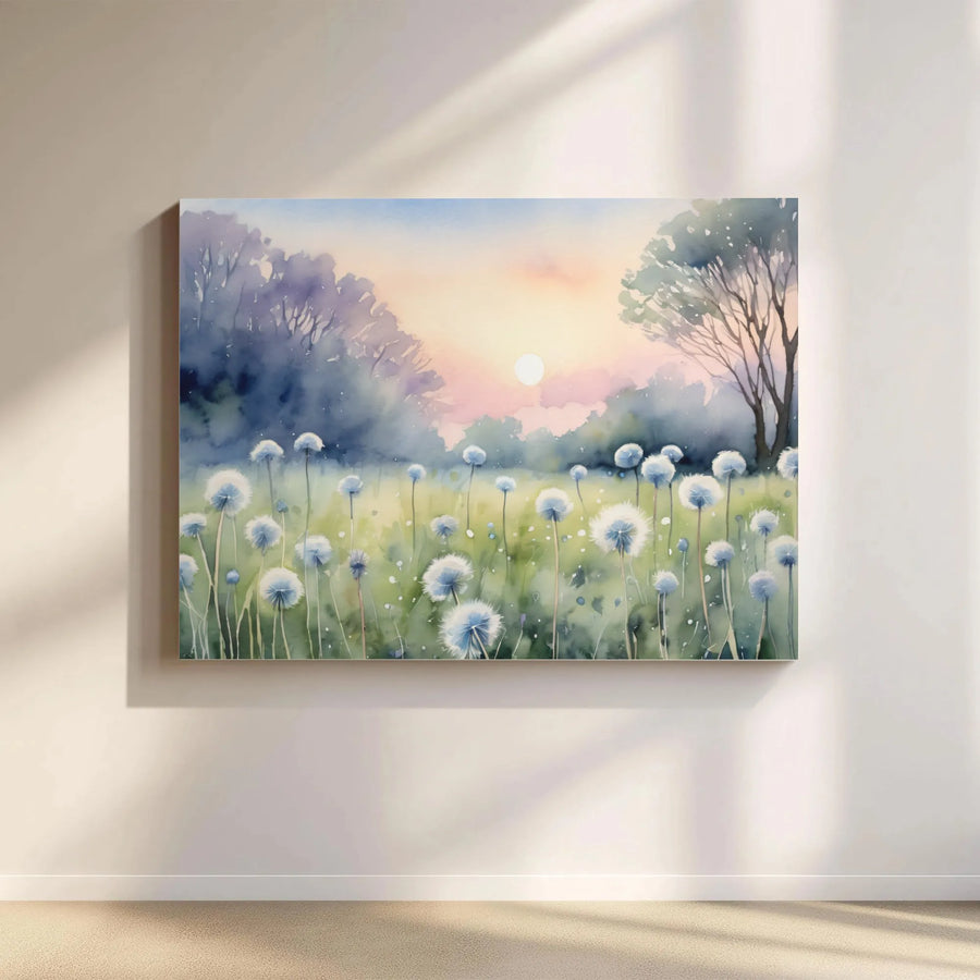 Dandelion Field Canvas Wall Art | Watercolor Sunrise Landscape Print | 1.25 Inch Premium Gallery Wrap | Modern Home Decor Gift