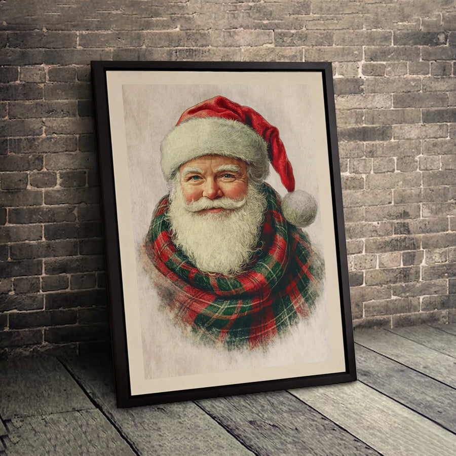 Vintage Santa Claus Wall Art | Traditional Plaid Scarf Portrait | Premium 1.25 Inch Thick Canvas | Classic Christmas Home Decor Gift