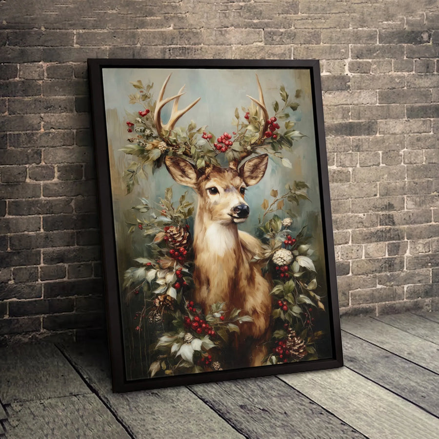 Christmas Deer Canvas Wall Art | Festive Woodland Animal Portrait with Berries | Premium Gallery Wrap Print | Holiday Home Decor Gift