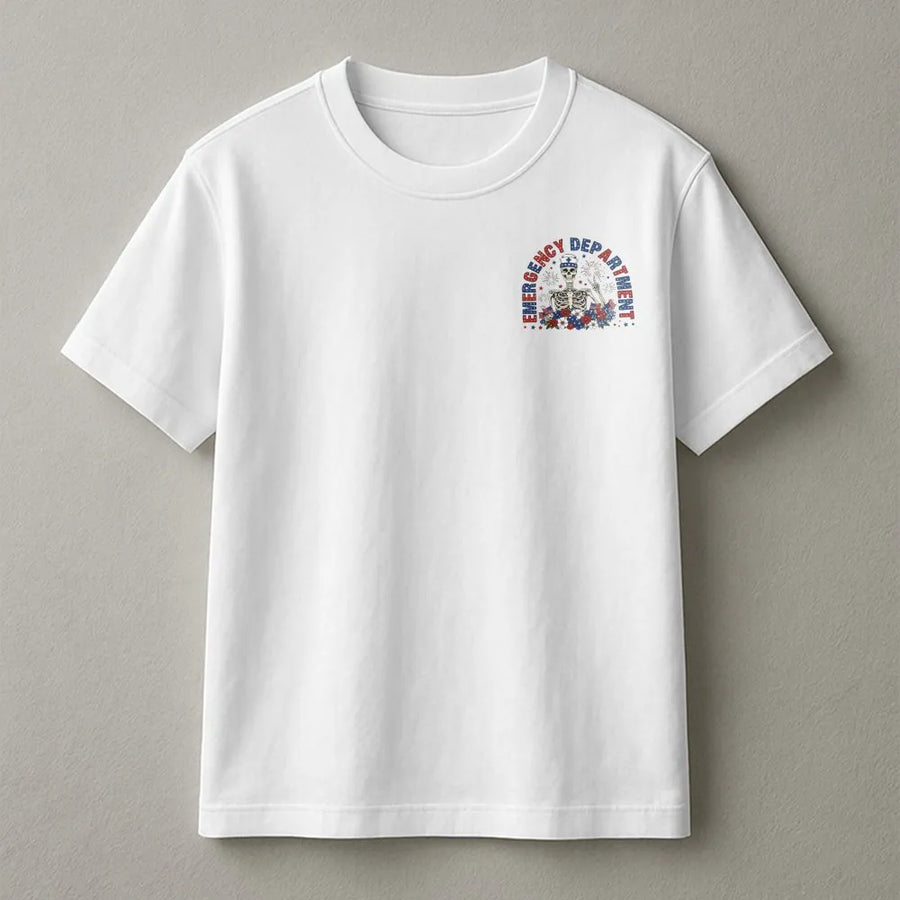 Emergency Department T-Shirt | Patriotic Skeleton Graphic | Soft Cotton Blend | Premium Gift for ER Nurse or Doctor