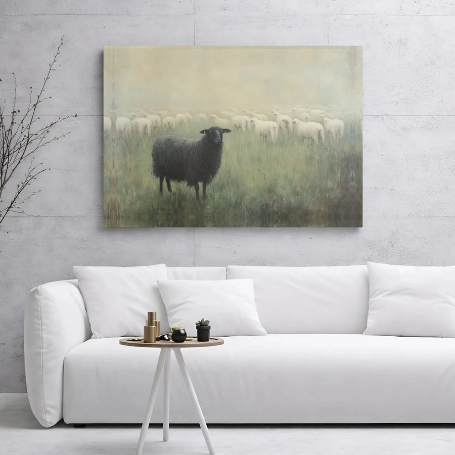 Black Sheep In Flock Wall Art | Moody Farmhouse Aesthetic Canvas Print | Premium Gallery Wrap Decor | Unique Gift For Individualists