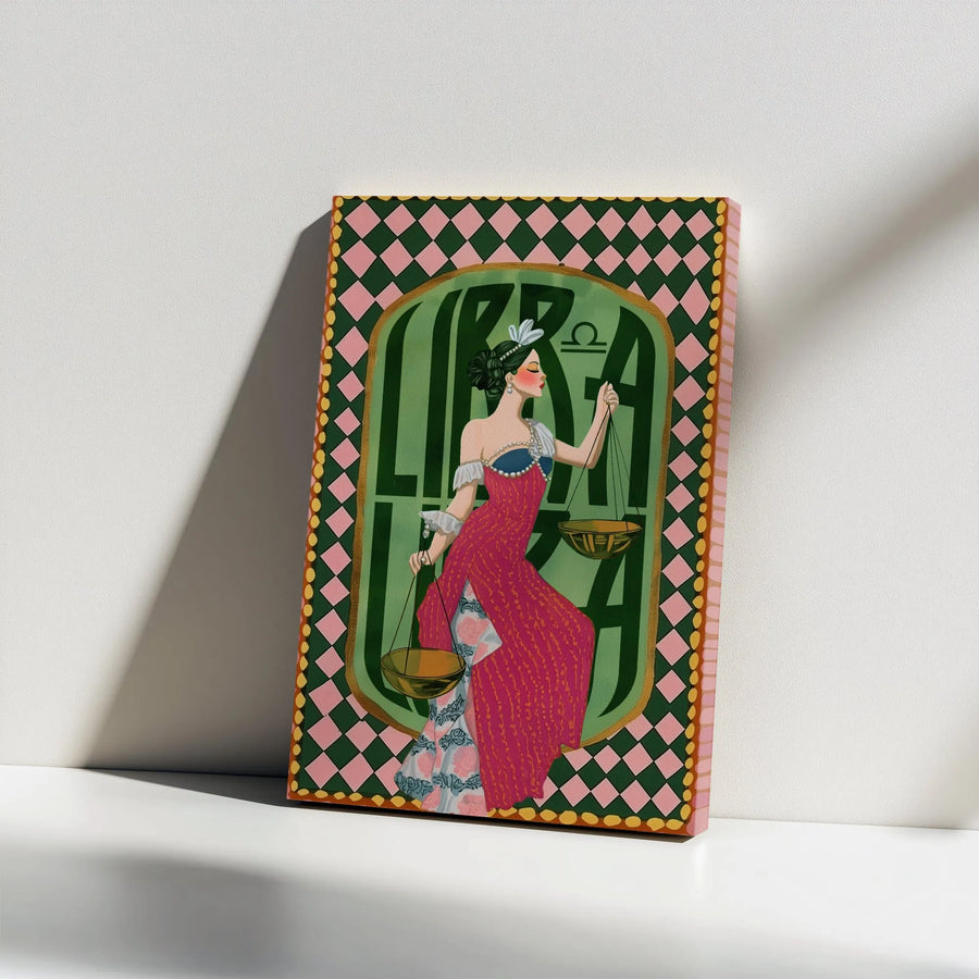 Libra Zodiac Wall Art | Retro Astrology Woman With Scales | Premium Stretched Gallery Wrap Canvas | Unique Birthday Gift for Her