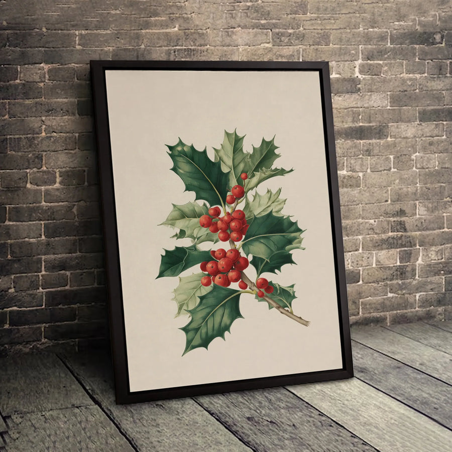 Holly Berry Botanical Wall Art | Vintage Christmas Floral Illustration | Premium Gallery Wrapped Canvas | Festive Holiday Home Decor Gift