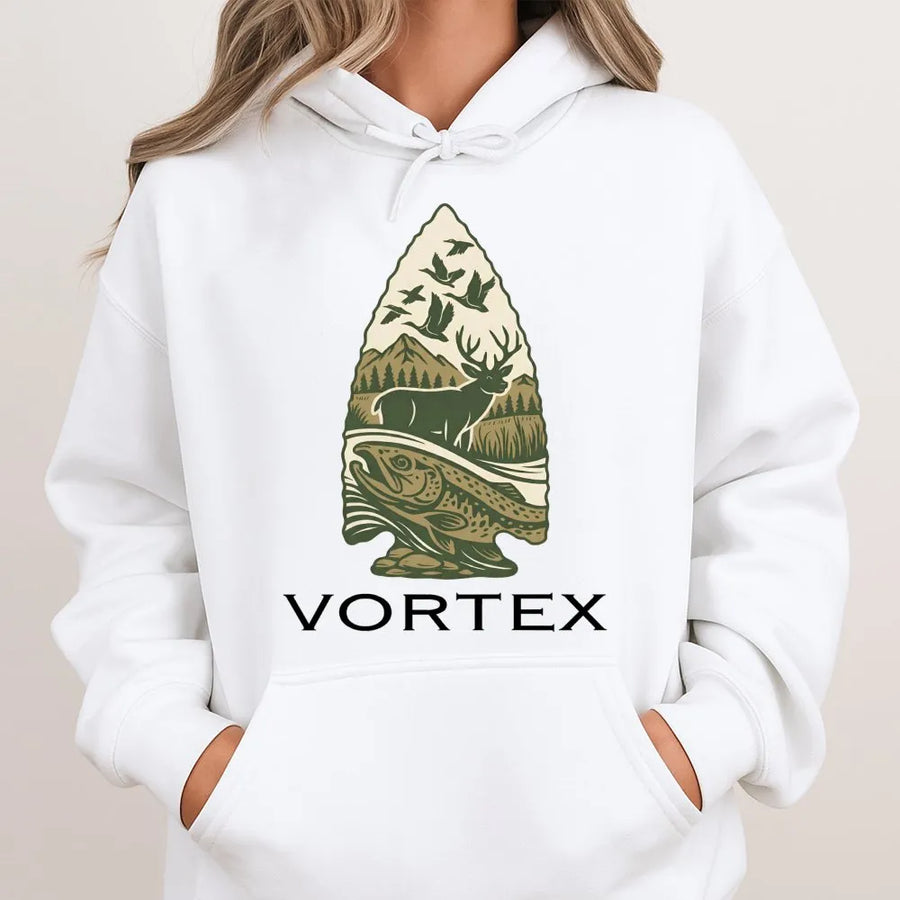 Arrowhead Deer Fishing Hoodie | Wilderness Outdoor Graphic Design | Premium Cotton Blend | Gift for Hunters and Anglers