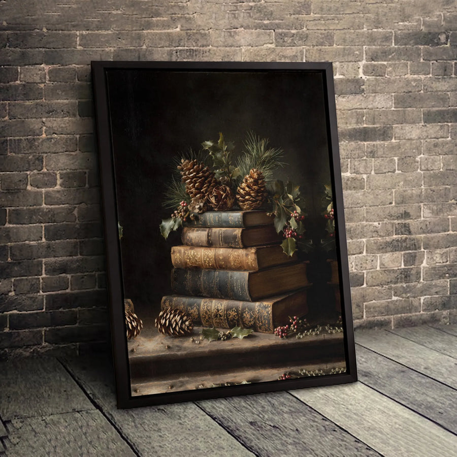 Vintage Book Stack Canvas Art | Rustic Pine Cone and Holly Still Life | Premium Fade-Resistant Print | Holiday Home Decor Gift