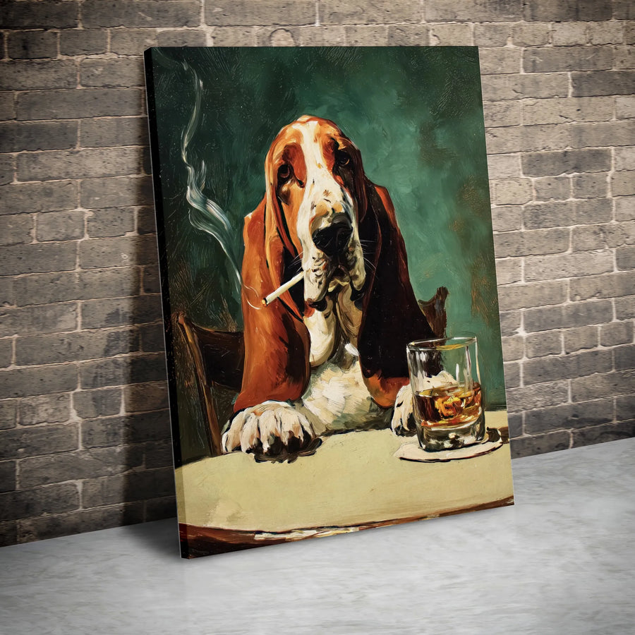 Smoking Basset Hound Canvas Wall Art | Vintage Painting Style Funny Dog Art | Premium Gallery Wrap Canvas | Man Cave Decor & Home Bar Gift