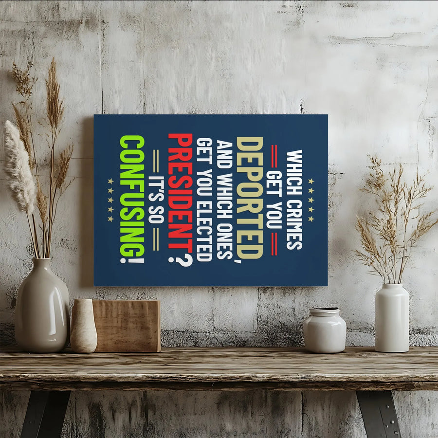 Political Satire Canvas Print | Which Crimes Get You Deported Quote | Premium Fade-Resistant Art | Funny Political Gift for Liberal Home Decor