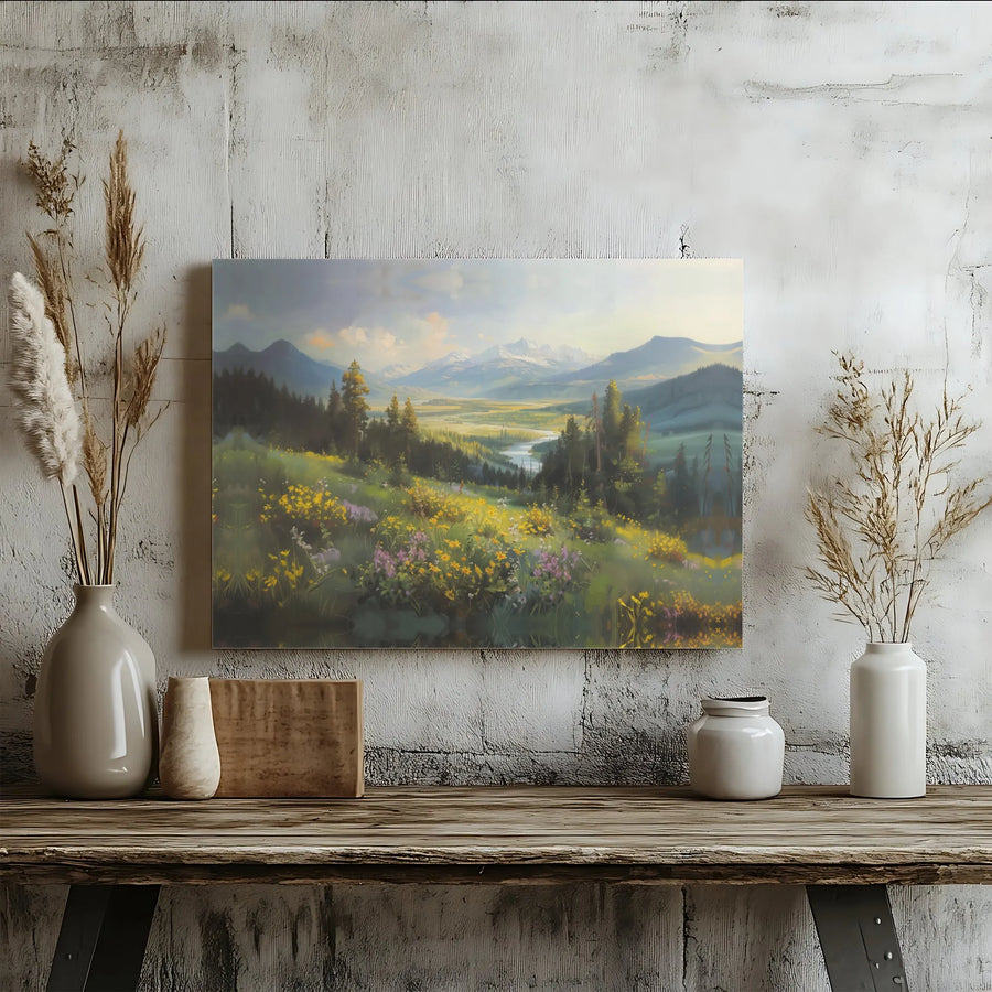 Mountain Landscape Wall Art | Wildflower Meadow Painting Print | Premium Canvas Print | Rustic Living Room Decor Gift