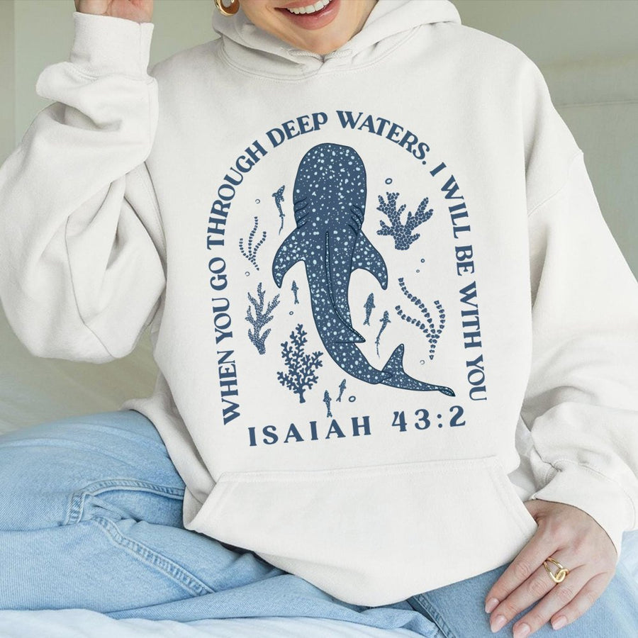 Whale Shark Hoodie | Isaiah 43:2 Bible Verse Design | Premium Cotton Blend | Christian Faith Gift for Ocean Lovers