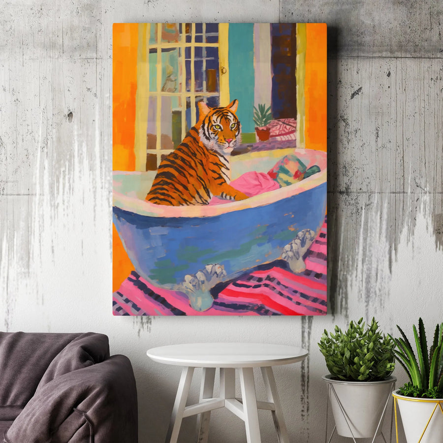 Tiger In A Bathtub Canvas Wall Art | Colorful Maximalist Animal Print | Premium 1.25" Gallery Wrap | Whimsical Bathroom Decor For Home