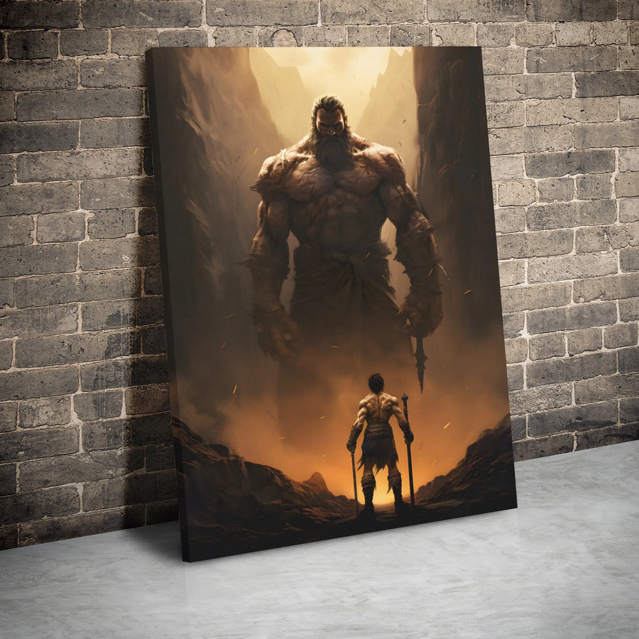 Warrior vs Giant Titan Fantasy Canvas Print | Epic Mythology Wall Art | Premium Gallery Wrap Decor | Gift for Gamer and Fantasy Lover