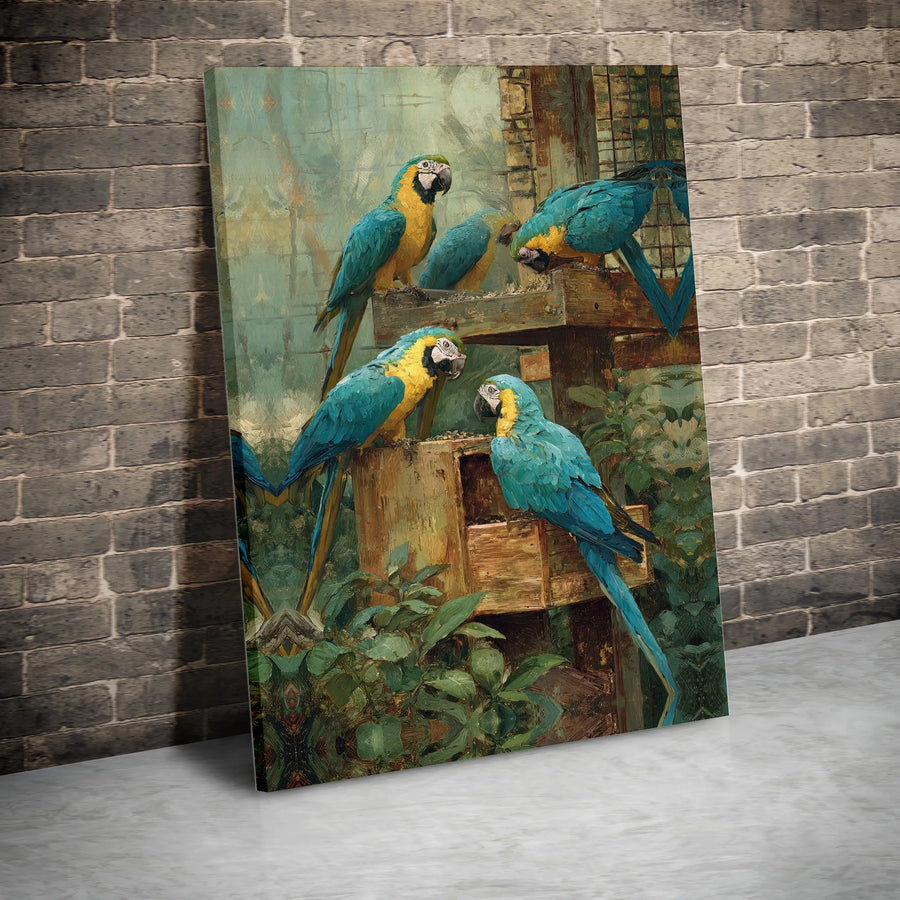 Blue and Gold Macaw Canvas Print | Vintage Parrot Painting Wall Art | Premium Gallery Wrapped Canvas | Tropical Bird Lover Home Decor Gift