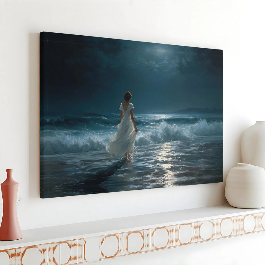 Moonlit Ocean Canvas Wall Art | Woman in White Dress Seascape | Premium Gallery Wrapped Print | Romantic Bedroom Decor Gift