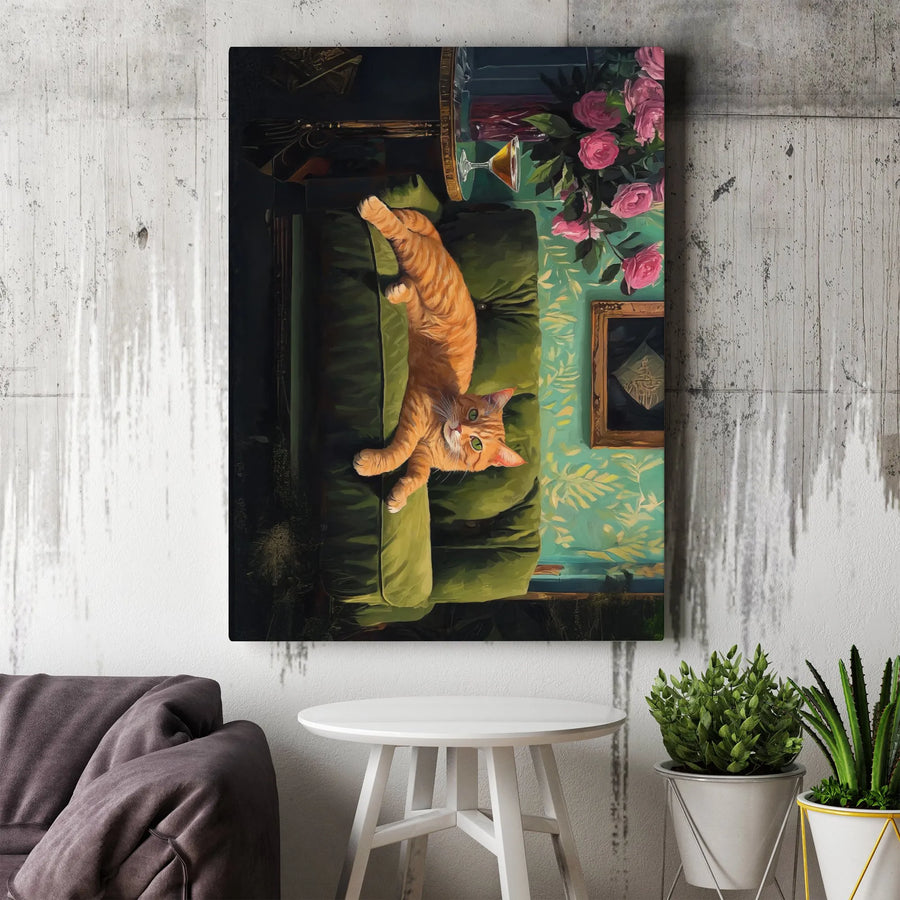 Orange Tabby Cat Canvas Wall Art | Whimsical Ginger Cat on Green Velvet Sofa | Premium Gallery Wrap Print | Aesthetic Living Room Home Decor Gift