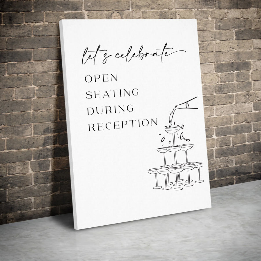 Open Seating Canvas Sign | Minimalist Champagne Tower Sketch | Premium Gallery Wrapped Canvas | Modern Wedding Reception Decor
