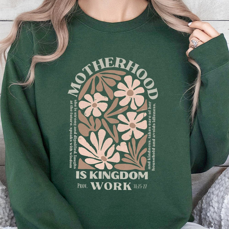 Motherhood Is Kingdom Work Sweatshirt | Retro Floral Christian Scripture Design | Premium Cotton-Poly Blend | Encouraging Faith Gift for Moms