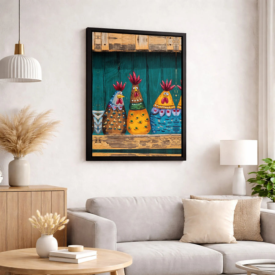 Whimsical Chicken Folk Art Canvas Print | Colorful Farmhouse Wall Decor | Gallery Quality 1.25-Inch Profile | Gift for Country Kitchen Lovers