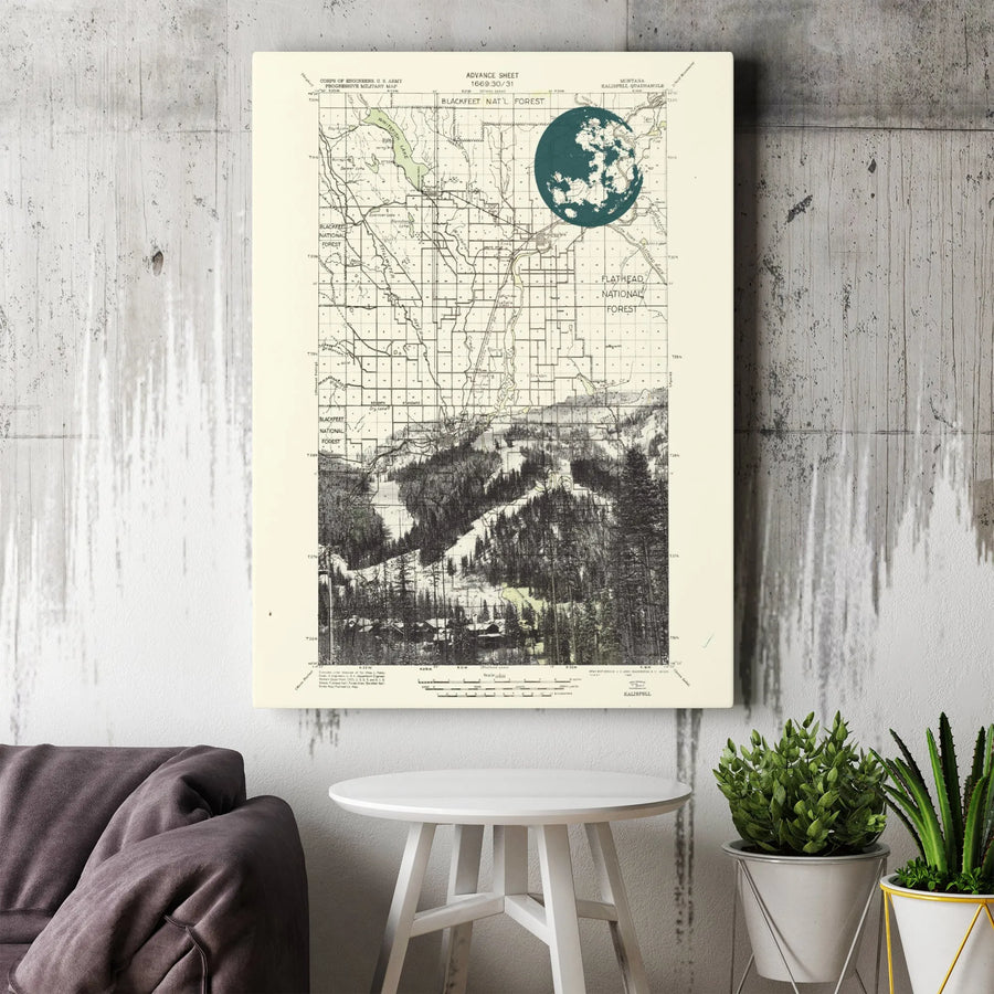Montana Map Wall Art | Blackfeet & Flathead National Forest With Full Moon | Premium Gallery Wrapped Canvas | Vintage Topographic Gift For Hikers
