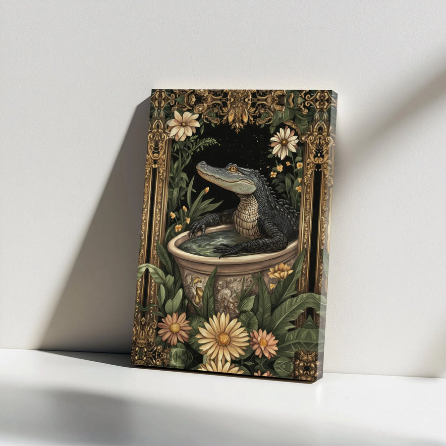 Alligator in Bathtub Canvas Wall Art | Whimsical Vintage Botanical Print | Premium Gallery Wrapped Canvas | Maximalist Bathroom Decor Gift